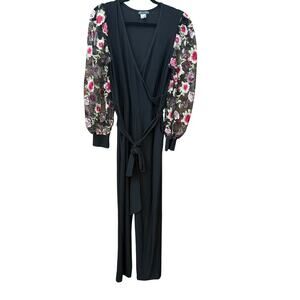 Venus Jumpsuit Size Large Floral Embroidered Sleeves Wide Leg Rose Floral Sheer